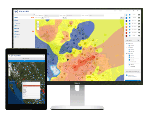 Two interfaces displaying Aquarius Web Portal Dashboard]