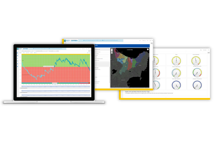 Three computer screens displaying Aquarius software features