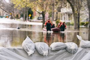 emergency responders wade through flood waters to rescue citizens